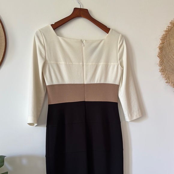 Kay Unger Cream and Brown Sheath Dress Square Neck 3/4 Sleeve - Picture 4 of 7